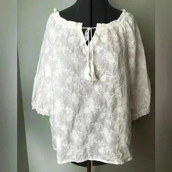 Ruby Rd White 3/4 Sleeve Embellished Fabric Peasant Top Women XL - Picture 2 of 11